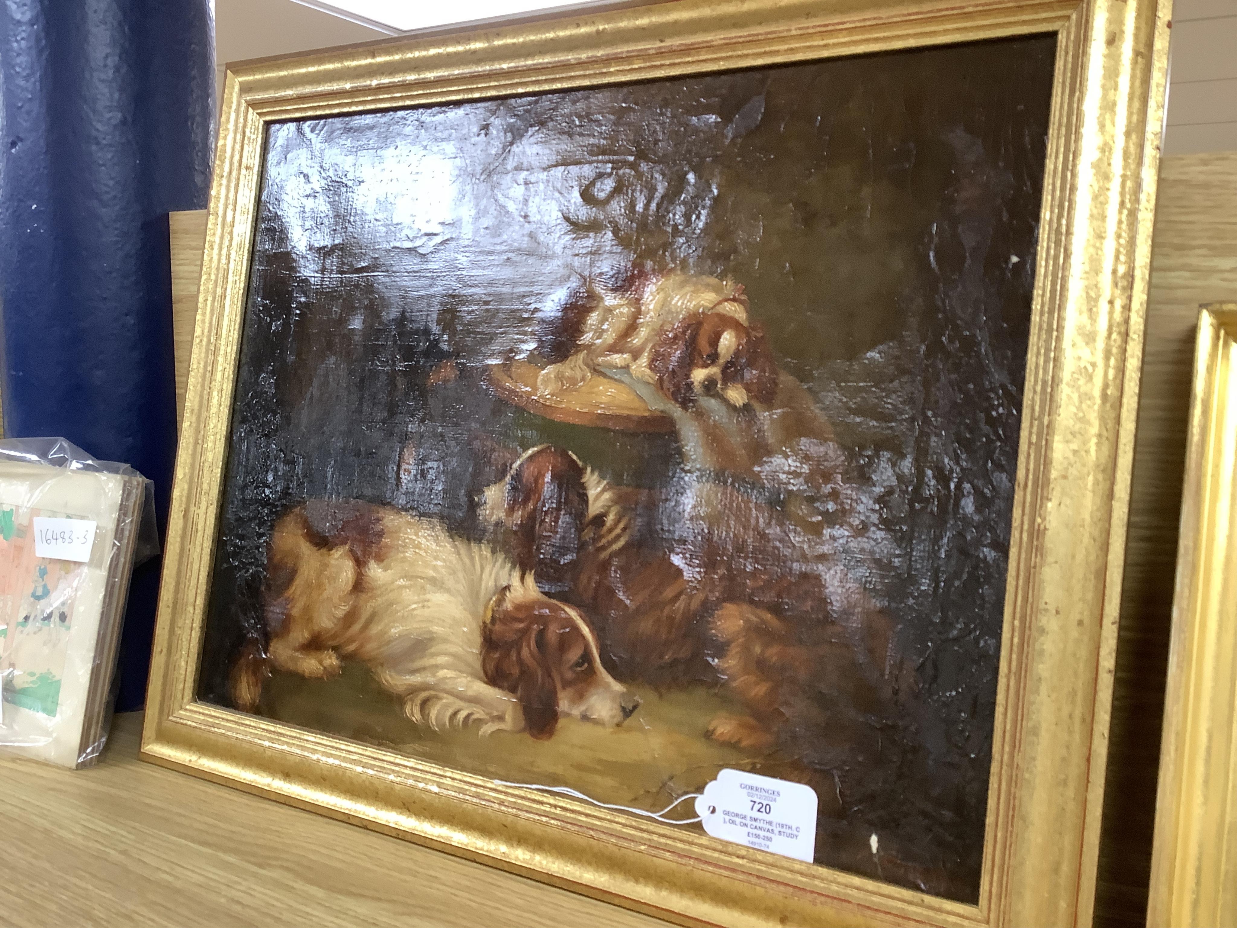 George Smythe (19th. C), oil on canvas, Study of four spaniels in an interior, signed, 35 x 45cm, gilt framed. Condition - poor